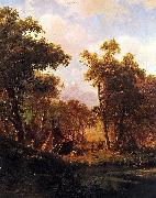 Albert Bierstadt, Indian Encampment, Shoshone Village - in a riparian forest, western United States